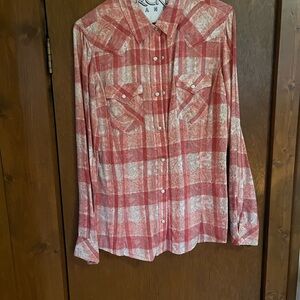 Wrangler Pink and White Plaid Women's Western Pearl Snap Shirt